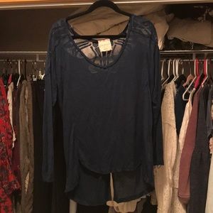 Free People Lace Detail Blue Shirt Size Medium